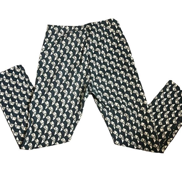 H&M Skinny Fit Stretch Pants Geometric Print Green Trousers Sz 12 mod unique - Picture 10 of 11